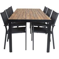 Ruokailuryhmä Venture Home, 205x90cm akaasia/musta Bois-pöytä + 6 mustaa, pinottavaa Copacabana-tuolia