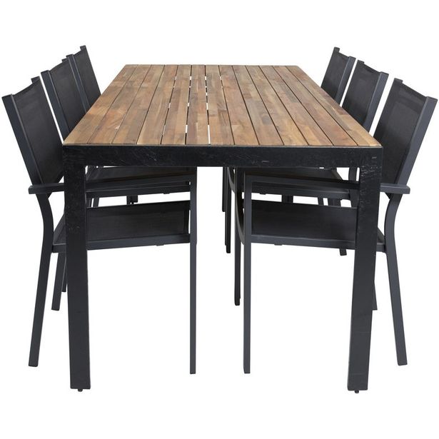 Ruokailuryhmä Venture Home, 205x90cm akaasia/musta Bois-pöytä + 6 mustaa, pinottavaa Copacabana-tuolia