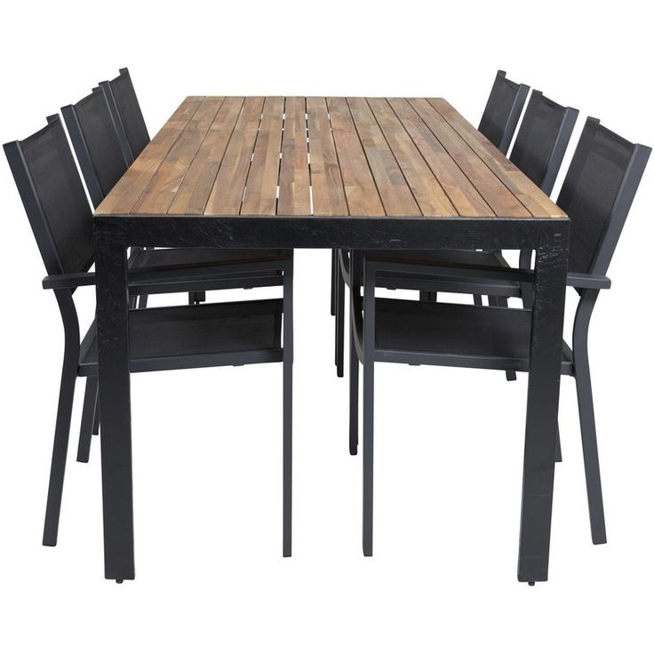 Ruokailuryhmä Venture Home, 205x90cm akaasia/musta Bois-pöytä + 6 mustaa, pinottavaa Copacabana-tuolia