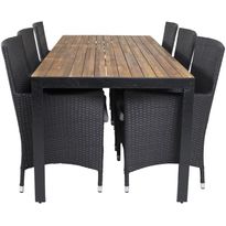 Ruokailuryhmä Venture Home, 205x90cm akaasia/musta Bois-pöytä + 6 mustaa Malin-tuolia, pehmusteilla
