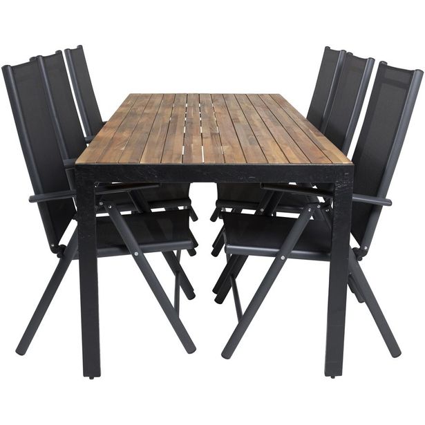 Ruokailuryhmä Venture Home, 205x90cm akaasia/musta Bois-pöytä + 6 mustaa Break-säätötuolia