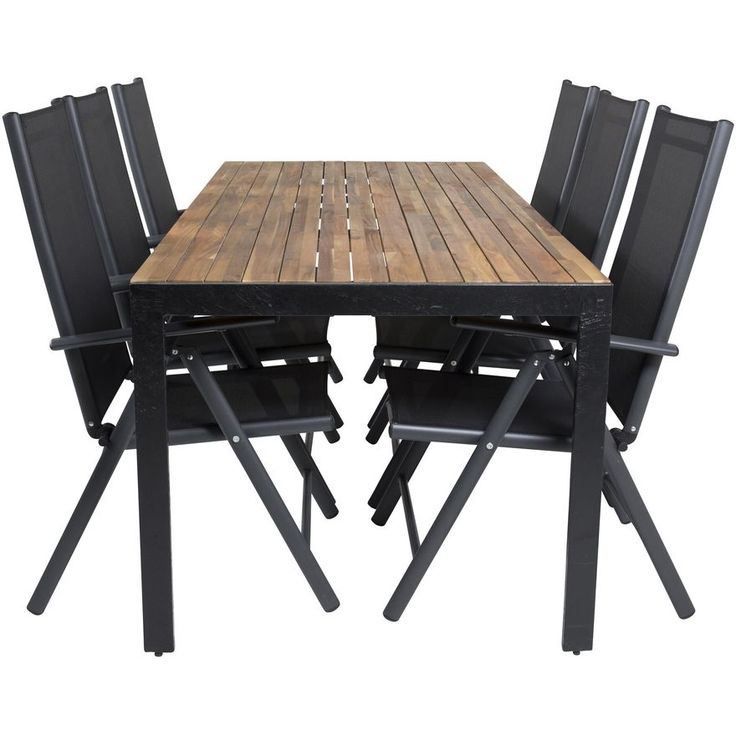 Ruokailuryhmä Venture Home, 205x90cm akaasia/musta Bois-pöytä + 6 mustaa Break-säätötuolia