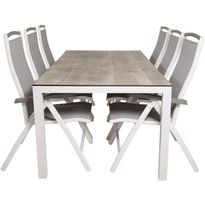Ruokailuryhmä Venture Home, 205x100cm harmaa/valkoinen Llama-pöytä + 6 harmaa/valkoista Albany -säätötuolia