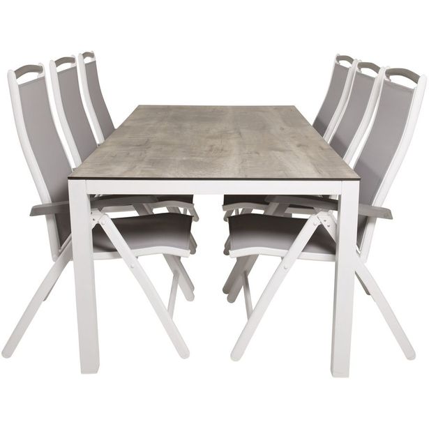 Ruokailuryhmä Venture Home, 205x100cm harmaa/valkoinen Llama-pöytä + 6 harmaa/valkoista Albany -säätötuolia