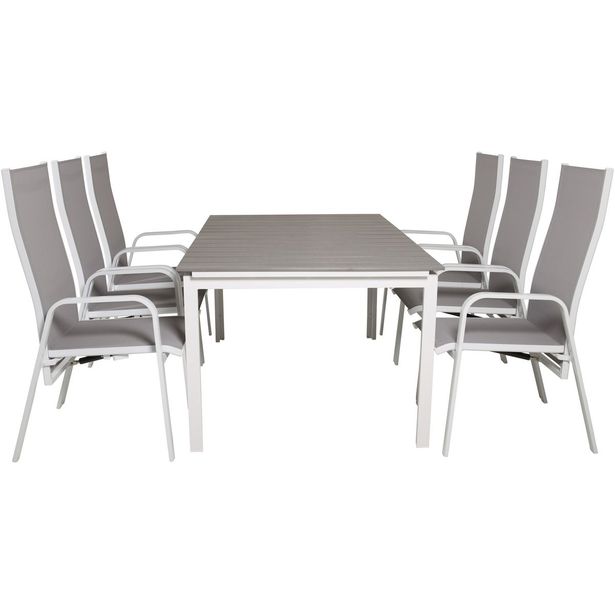 Ruokailuryhmä Venture Home, 160/240x100cm jatkettava harmaa/valkoinen Levels-pöytä + 6 harmaa/valkoista Copacabana-säätötuolia