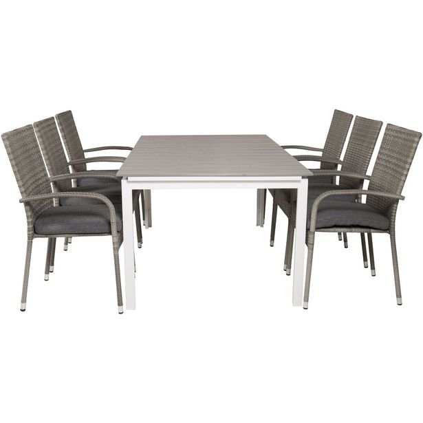 Ruokailuryhmä Venture Home, 160/240x100cm jatkettava harmaa/valkoinen Levels-pöytä + 6 harmaata Anna-tuolia