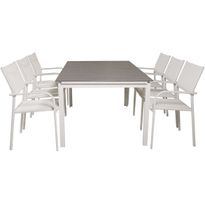 Ruokailuryhmä Venture Home, 160/240x100cm jatkettava harmaa/valkoinen Levels-pöytä + 6 valkoista, pinottavaa Santorini-tuolia