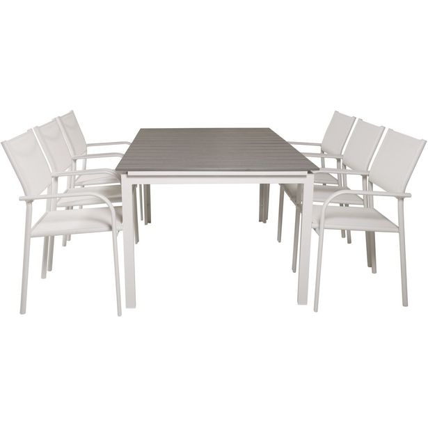 Ruokailuryhmä Venture Home, 160/240x100cm jatkettava harmaa/valkoinen Levels-pöytä + 6 valkoista, pinottavaa Santorini-tuolia