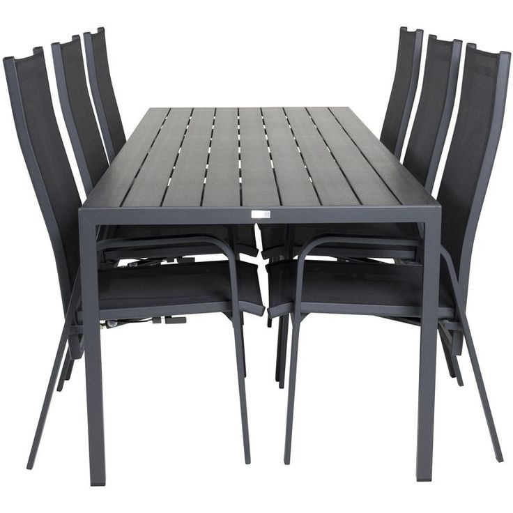 Ruokailuryhmä Venture Home, 205x90cm musta Break-pöytä + 6 mustaa Copacabana-säätötuolia