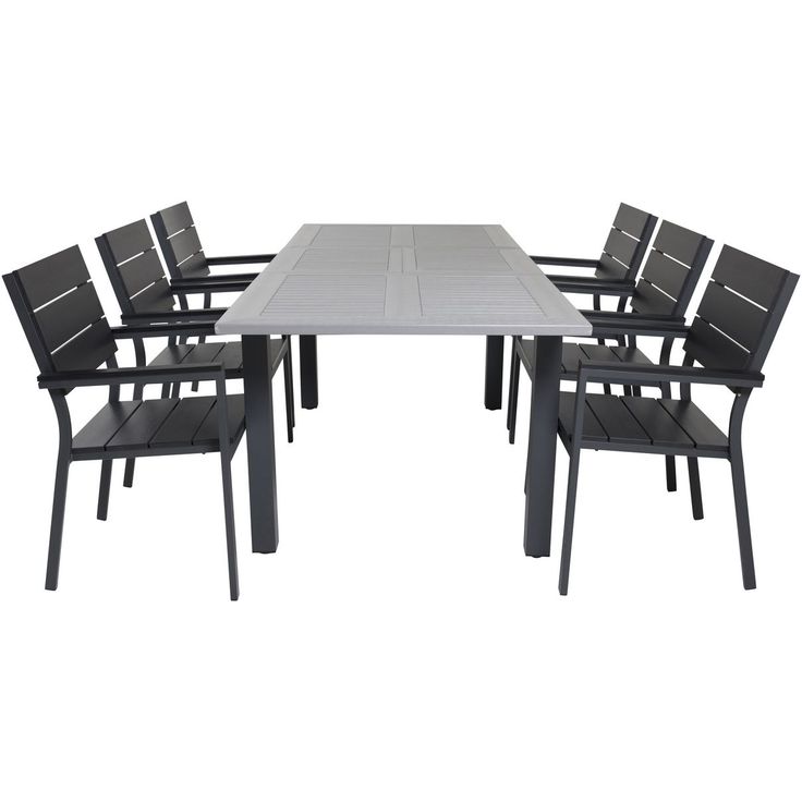 Ruokailuryhmä Venture Home, 152/210x90cm harmaa/musta jatkettava Albany-pöytä + 6 mustaa, pinottavaa Levels-tuolia