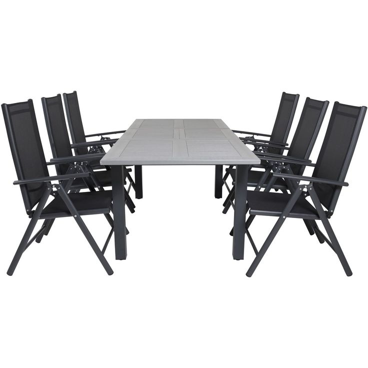 Ruokailuryhmä Venture Home, 152/210x90cm harmaa/musta jatkettava Albany-pöytä + 6 mustaa Break-säätötuolia