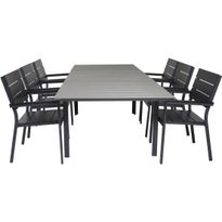 Ruokailuryhmä Venture Home, 160/240x100cm jatkettava harmaa/musta Levels-pöytä + 6 mustaa, pinottavaa Levels-tuolia
