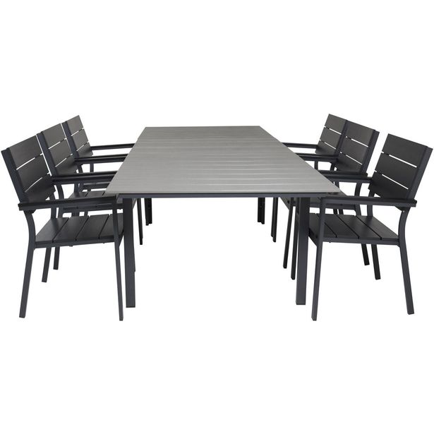 Ruokailuryhmä Venture Home, 160/240x100cm jatkettava harmaa/musta Levels-pöytä + 6 mustaa, pinottavaa Levels-tuolia