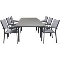Ruokailuryhmä Venture Home, 160/240x90cm jatkettava harmaa/musta Levels-pöytä + 6 harmaa/mustaa, pinottavaa Copacabana-tuolia
