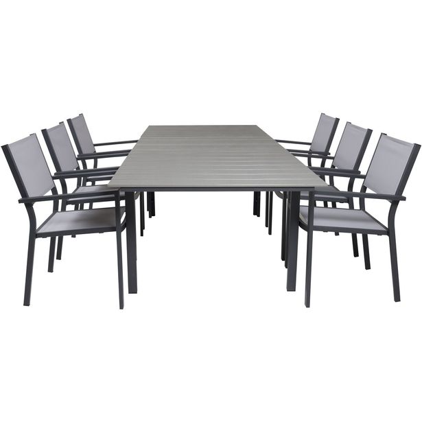Ruokailuryhmä Venture Home, 160/240x90cm jatkettava harmaa/musta Levels-pöytä + 6 harmaa/mustaa, pinottavaa Copacabana-tuolia