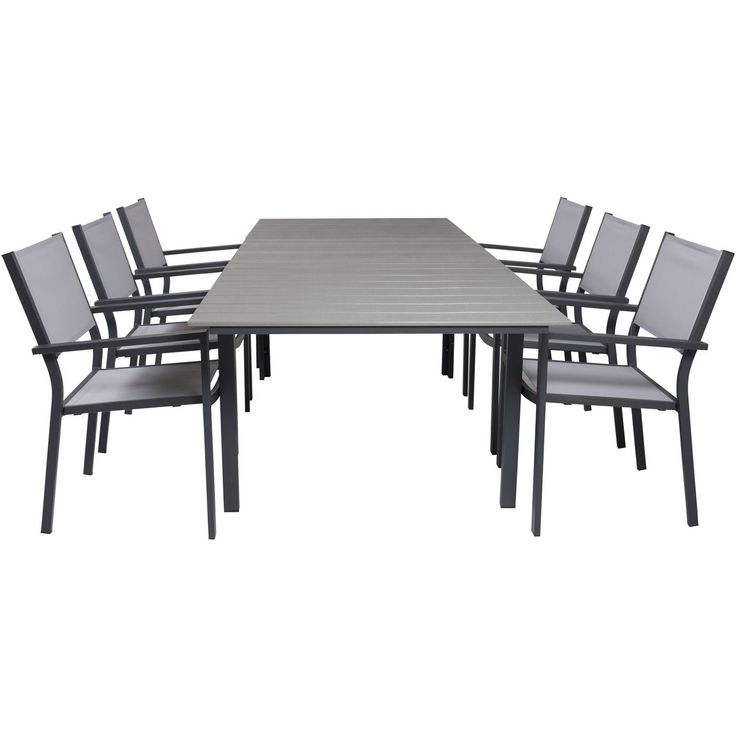 Ruokailuryhmä Venture Home, 160/240x90cm jatkettava harmaa/musta Levels-pöytä + 6 harmaa/mustaa, pinottavaa Copacabana-tuolia