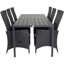 Ruokailuryhmä Venture Home, 205x90cm musta Break-pöytä + 6 mustaa Padova-säätötuolia, Verkkokaupan poistotuote