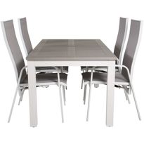 Ruokailuryhmä Venture Home, 160/240x90cm jatkettava harmaa/valkoinen Albany-pöytä + 4 harmaa/valkoista, pinottavaa Copacabana-säätötuolia
