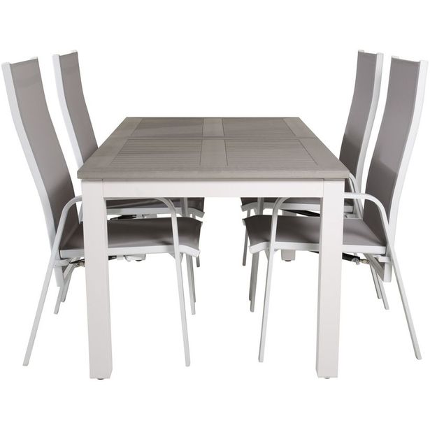 Ruokailuryhmä Venture Home, 160/240x90cm jatkettava harmaa/valkoinen Albany-pöytä + 4 harmaa/valkoista, pinottavaa Copacabana-säätötuolia