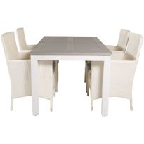 Ruokailuryhmä Venture Home, 160/240x90cm jatkettava harmaa/valkoinen Albany-pöytä + 4 valkoista Karin-tuolia, harmailla pehmusteilla
