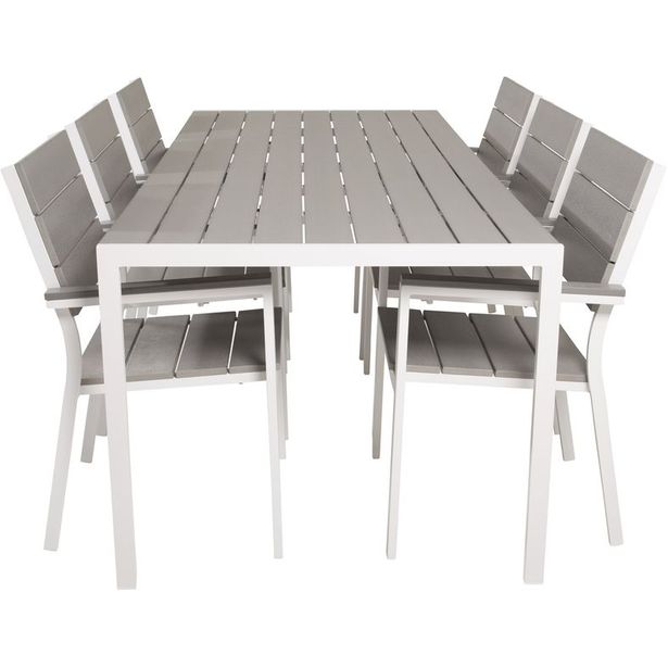 Ruokailuryhmä Venture Home, 205x90cm harmaa/valkoinen Break-pöytä + 6 harmaa/valkoista, pinottavaa Levels-tuolia