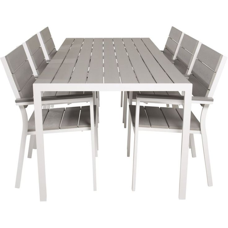 Ruokailuryhmä Venture Home, 205x90cm harmaa/valkoinen Break-pöytä + 6 harmaa/valkoista, pinottavaa Levels-tuolia