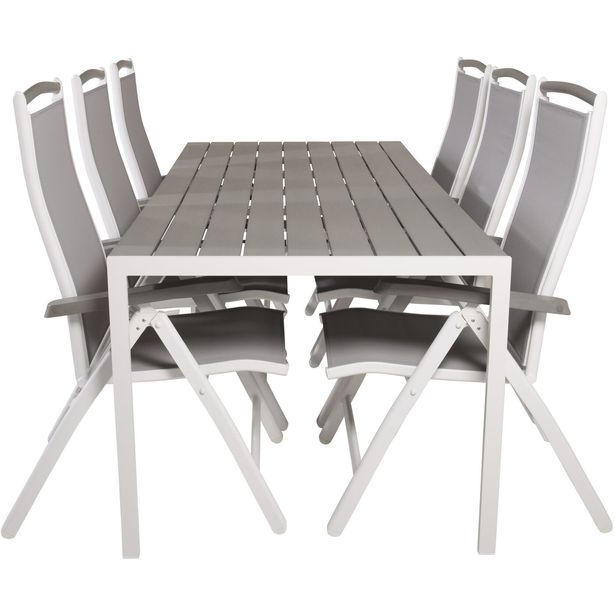 Ruokailuryhmä ulos Venture Home, 205x90cm harmaa Break-pöytä + 6 harmaata Albany-tuolia