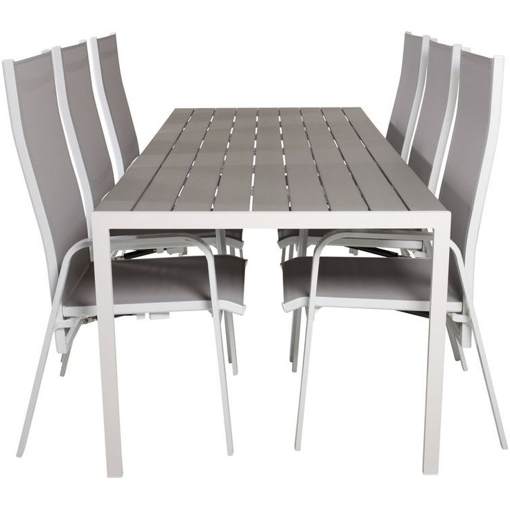 Ruokailuryhmä Venture Home, 205x90cm harmaa/valkoinen Break-pöytä + 6 harmaa/valkoista, pinottavaa Copacabana-säätötuolia