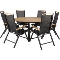 Ruokailuryhmä Venture Home, ø140cm tiikki/musta Mexico-pöytä + 6 mustaa Panama-säätötuolia