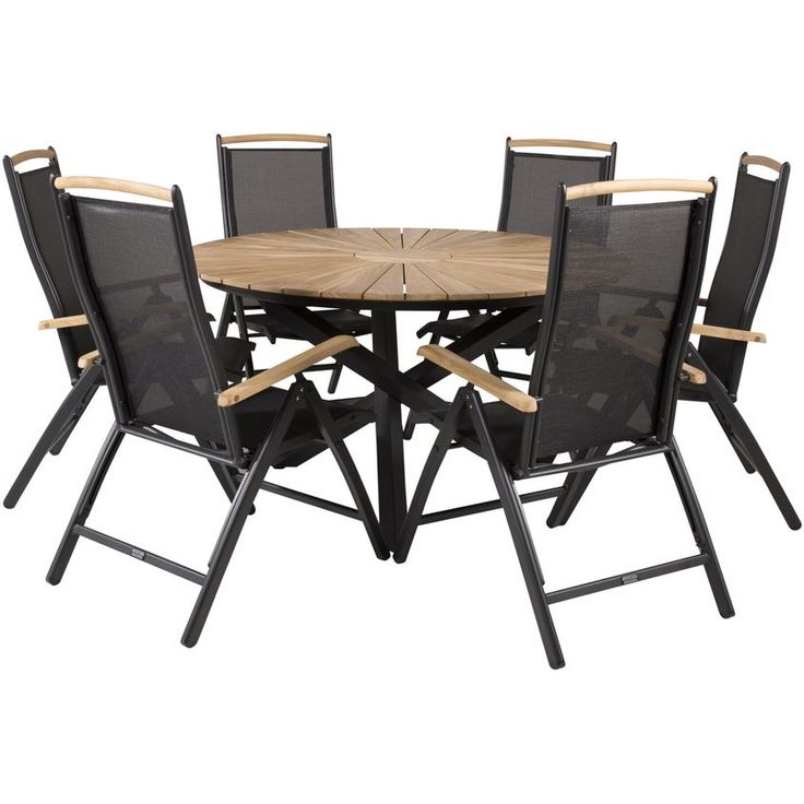Ruokailuryhmä Venture Home, ø140cm tiikki/musta Mexico-pöytä + 6 mustaa Panama-säätötuolia