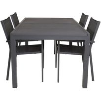 Ruokailuryhmä Venture Home, 160/240x100cm jatkettava musta Marbella-pöytä + 4 mustaa, pinottavaa Copacabana-tuolia