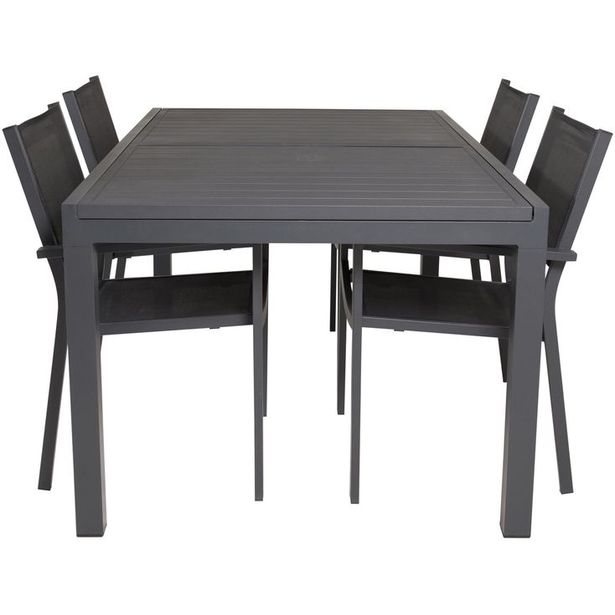 Ruokailuryhmä Venture Home, 160/240x100cm jatkettava musta Marbella-pöytä + 4 mustaa, pinottavaa Copacabana-tuolia