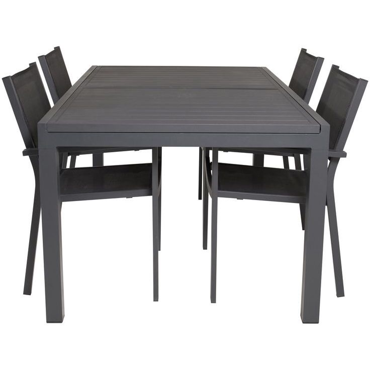 Ruokailuryhmä Venture Home, 160/240x100cm jatkettava musta Marbella-pöytä + 4 mustaa, pinottavaa Copacabana-tuolia