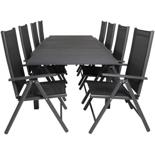 Ruokailuryhmä Venture Home, 160/240x100cm jatkettava musta Marbella-pöytä + 8 mustaa Break-säätötuolia