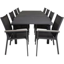 Ruokailuryhmä Venture Home,160/240x100cm jatkettava musta Marbella-pöytä + 8 mustaa, pinottavaa Parma-tuolia
