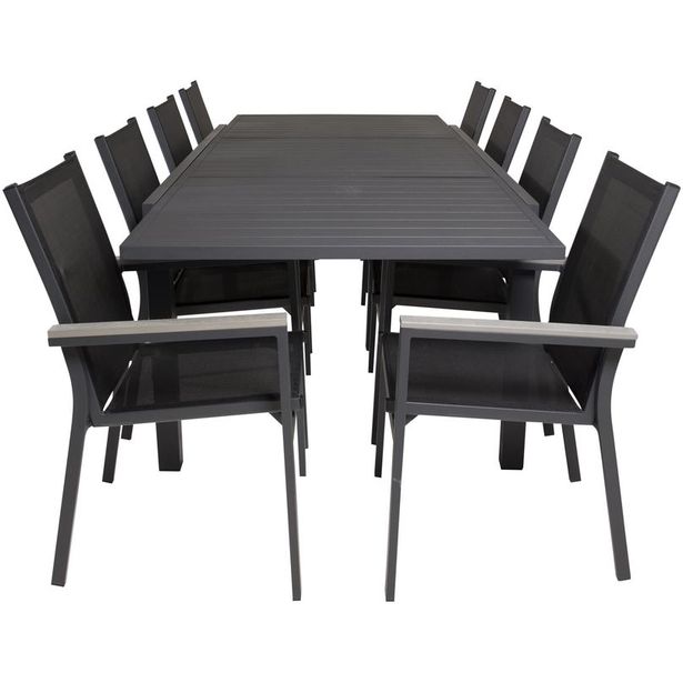 Ruokailuryhmä Venture Home,160/240x100cm jatkettava musta Marbella-pöytä + 8 mustaa, pinottavaa Parma-tuolia