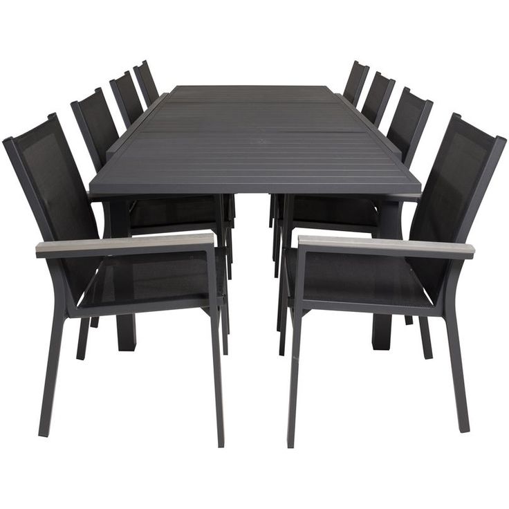 Ruokailuryhmä Venture Home,160/240x100cm jatkettava musta Marbella-pöytä + 8 mustaa, pinottavaa Parma-tuolia