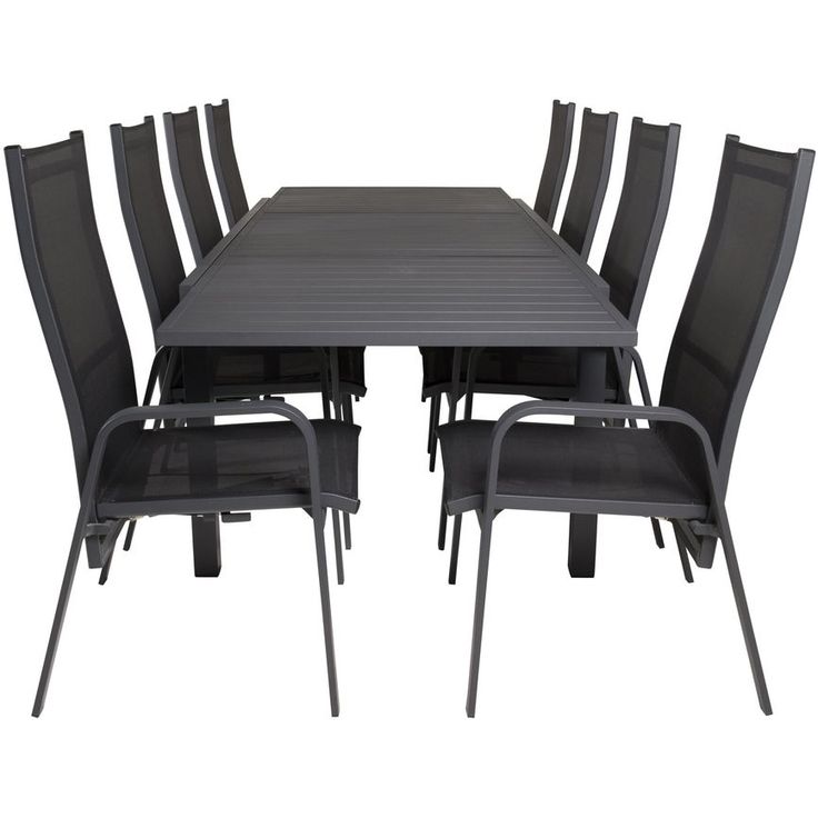 Ruokailuryhmä Venture Home, 160/240x100cm jatkettava musta Marbella-pöytä + 8 mustaa, pinottavaa Copacabana-säätötuolia