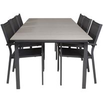 Ruokailuryhmä Venture Home, 229/310x100cm jatkettava harmaa/musta Levels-pöytä + 6 mustaa, pinottavaa Copacabana-tuolia