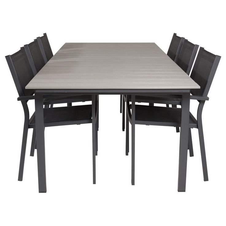 Ruokailuryhmä Venture Home, 229/310x100cm jatkettava harmaa/musta Levels-pöytä + 6 mustaa, pinottavaa Copacabana-tuolia