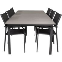 Ruokailuryhmä Venture Home, 229/310x100cm jatkettava harmaa/musta Levels-pöytä + 6 mustaa, pinottavaa Santorini-tuolia