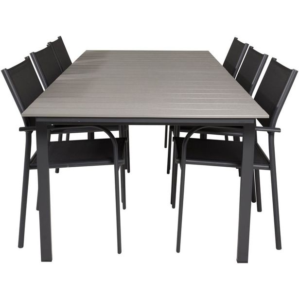 Ruokailuryhmä Venture Home, 229/310x100cm jatkettava harmaa/musta Levels-pöytä + 6 mustaa, pinottavaa Santorini-tuolia