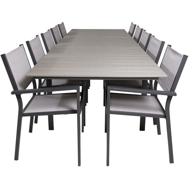 Ruokailuryhmä Venture Home, 229/310x100cm jatkettava harmaa/musta Levels-pöytä + 10 pinottavaa Copacabana-tuolia