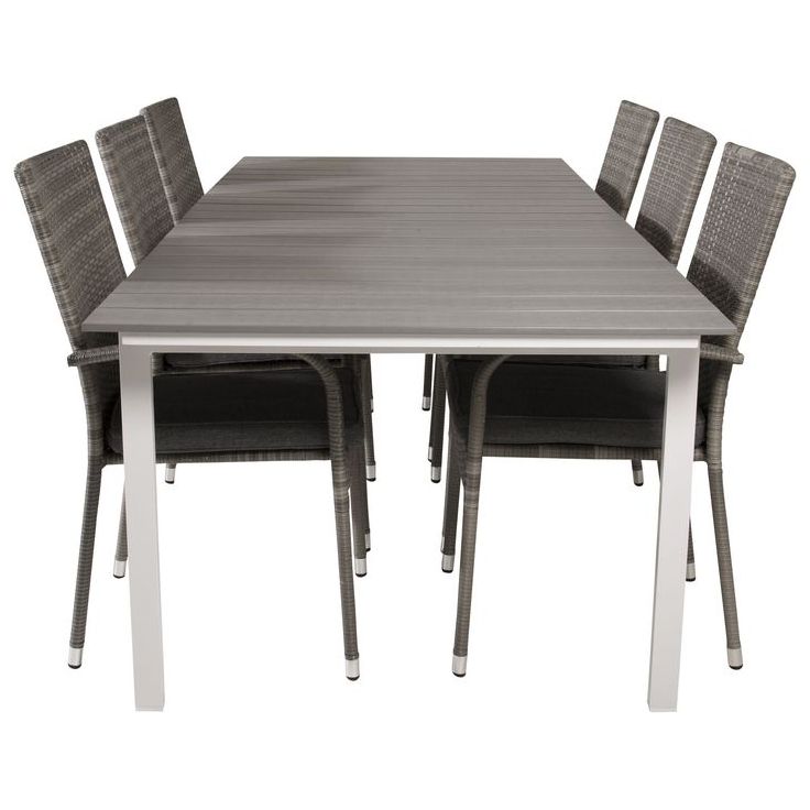 Ruokailuryhmä Venture Home, 229/310x100cm jatkettava harmaa/valkoinen Levels-pöytä + 6 harmaata Anna-tuolia