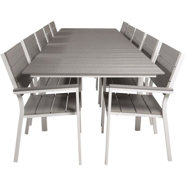 Ruokailuryhmä Venture Home, 229/310x100cm jatkettava harmaa/valkoinen Levels-pöytä + 10 harmaa/valkoista, pinottavaa Levels-tuolia
