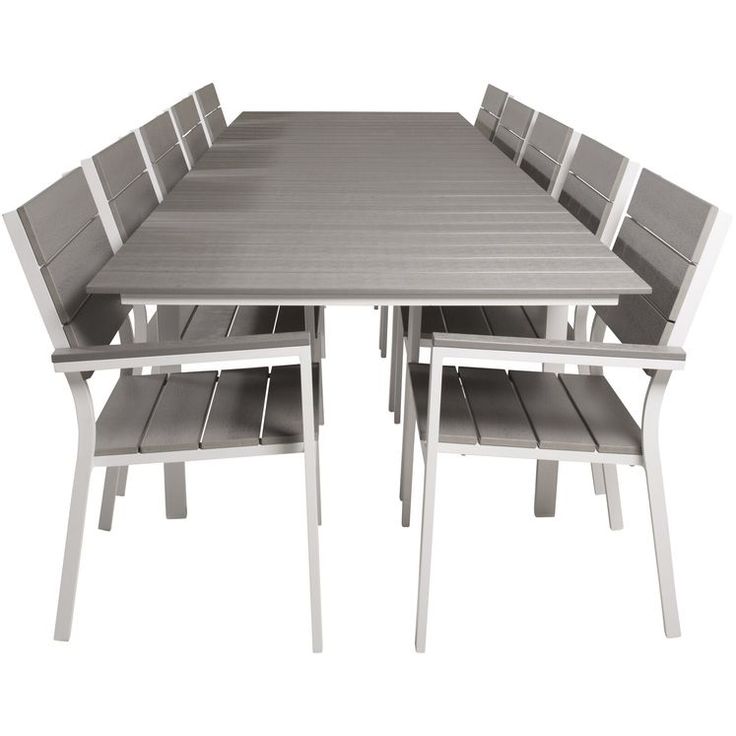 Ruokailuryhmä Venture Home, 229/310x100cm jatkettava harmaa/valkoinen Levels-pöytä + 10 harmaa/valkoista, pinottavaa Levels-tuolia