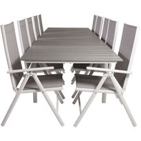 Ruokailuryhmä Venture Home, 229/310x100cm jatkettava harmaa/valkoinen Levels-pöytä + 10 harmaa/valkoista Break-säätötuolia