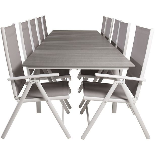 Ruokailuryhmä Venture Home, 229/310x100cm jatkettava harmaa/valkoinen Levels-pöytä + 10 harmaa/valkoista Break-säätötuolia