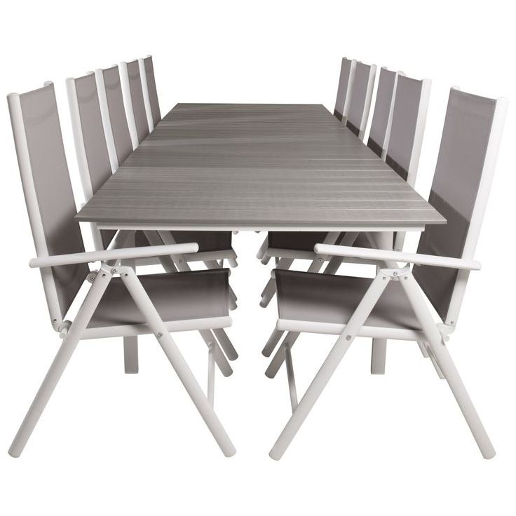 Ruokailuryhmä Venture Home, 229/310x100cm jatkettava harmaa/valkoinen Levels-pöytä + 10 harmaa/valkoista Break-säätötuolia