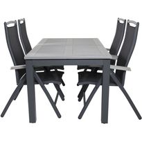 Ruokailuryhmä Venture Home, 160/240x90cm jatkettava harmaa/mustaa Albany-pöytä + 4 mustaa Albany-säätötuolia